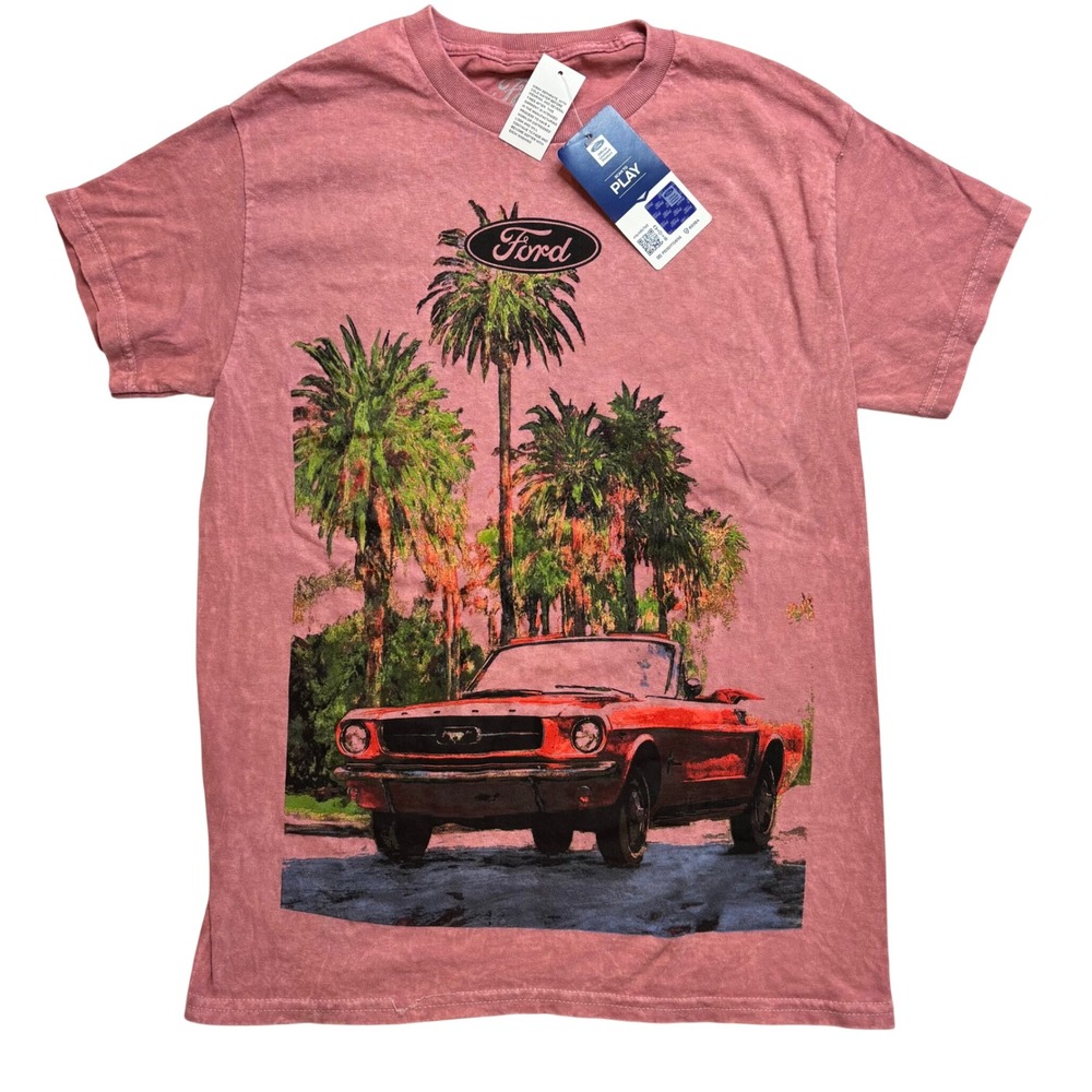 Ford Mustang Graphic T-Shirt Vintage Wash Red Convertible Palm Trees